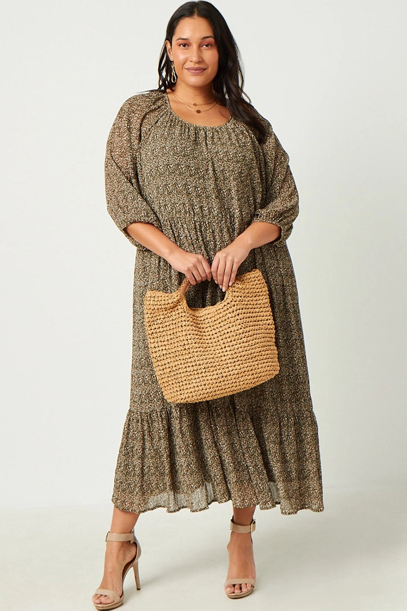 Timeless Fashion Floral Printed Crinkle Pleat Puff Sleeve Dress