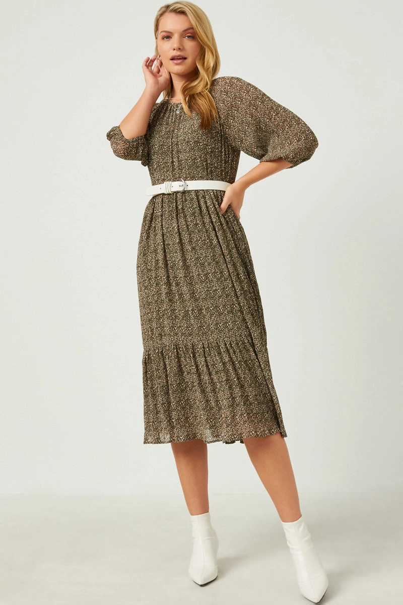 Floral Printed Crinkle Pleat Puff Sleeve Dress Grass Soft