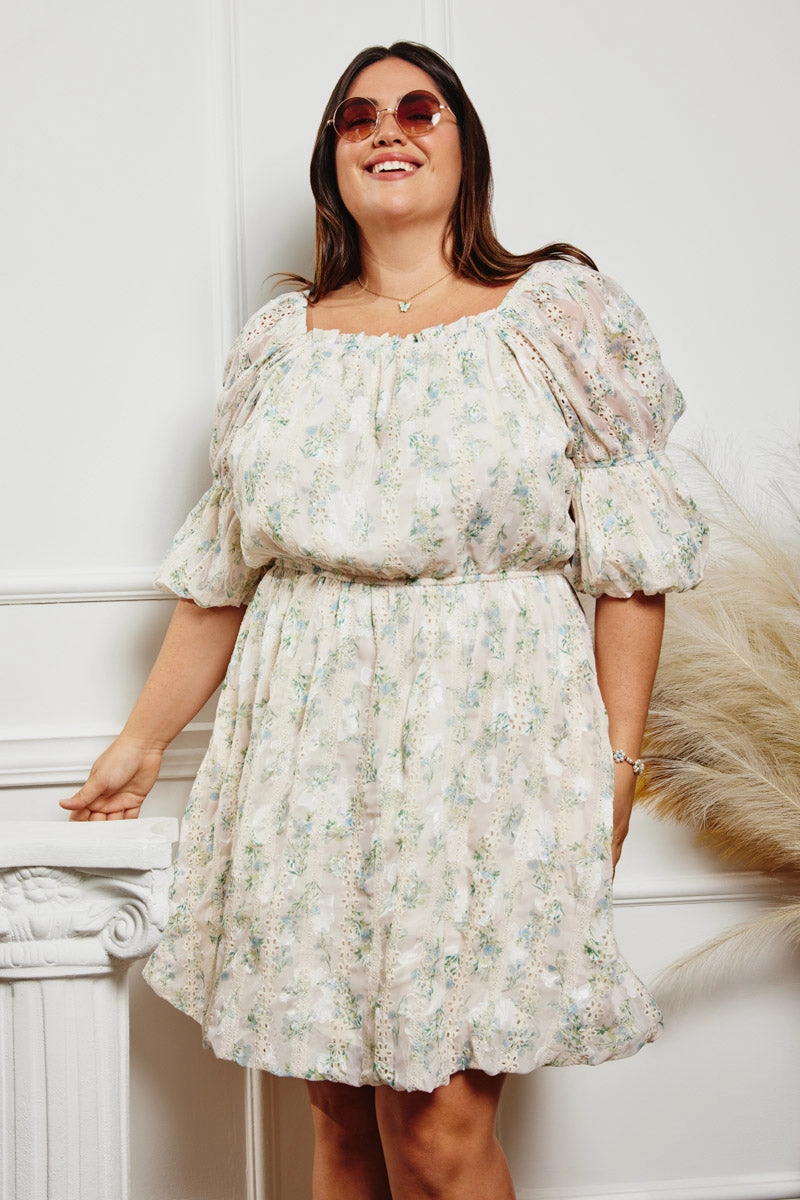 Floral Printed Mesh Puff Sleeve Dress Mom Chic