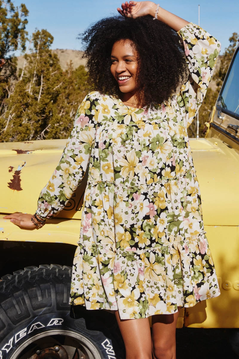 Essential Layer Floral Ribbon Detailed Long Sleeve Tiered Dress