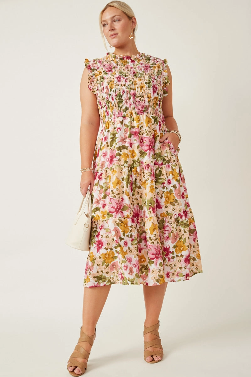 Floral Ruffle Detail Smocked Tank Dress Satin-Edge