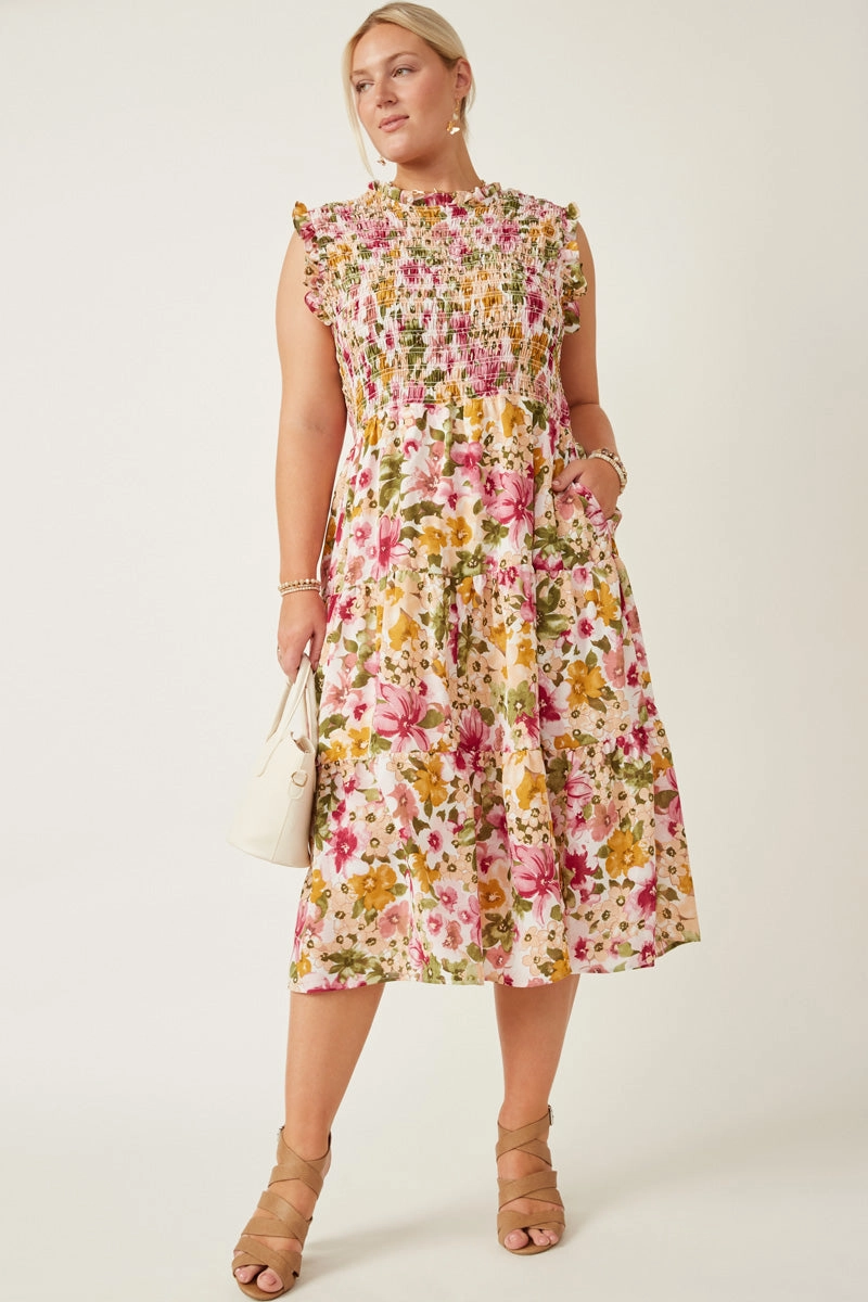 Unlined Look Floral Ruffle Detail Smocked Tank Dress
