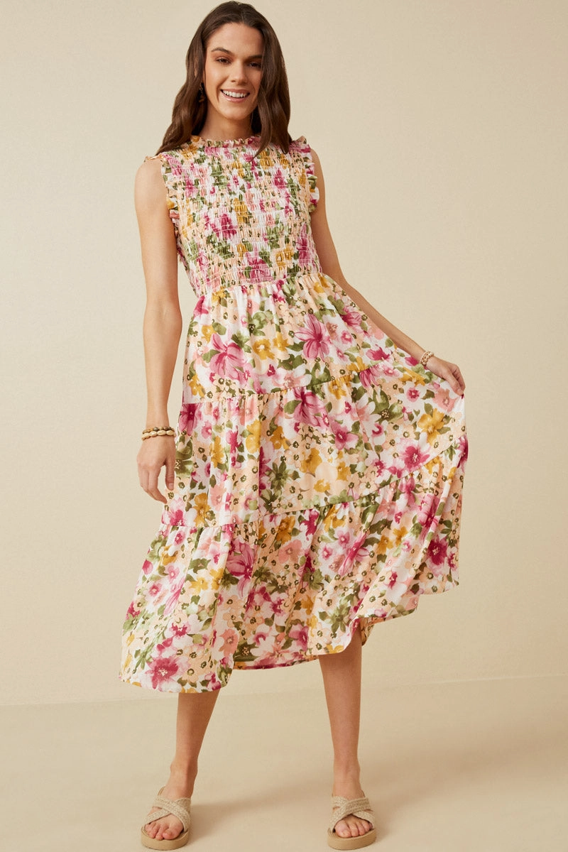 Floral Ruffle Detail Smocked Tank Dress Stylish party wear Beaded-Edge