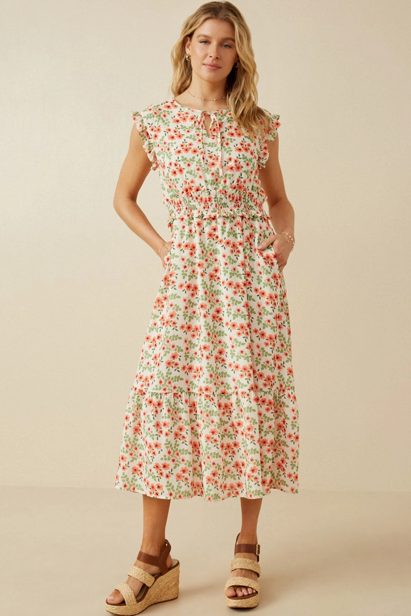 Tonal-Panel Floral Ruffled Detail Smocked Waist Dress