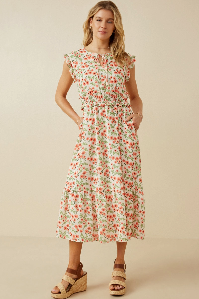 Floral Ruffled Detail Smocked Waist Dress Relax Line Classic Silhouette