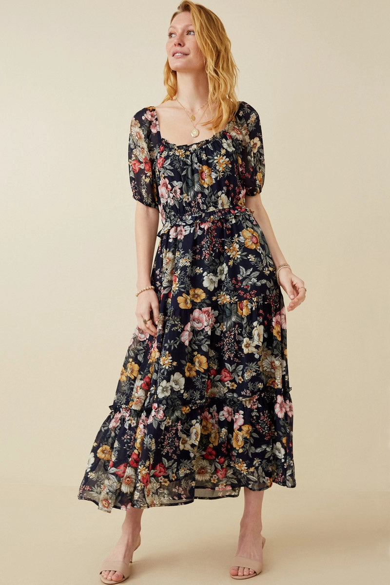 Simple Shape Floral Smocked Puff Sleeve Dress