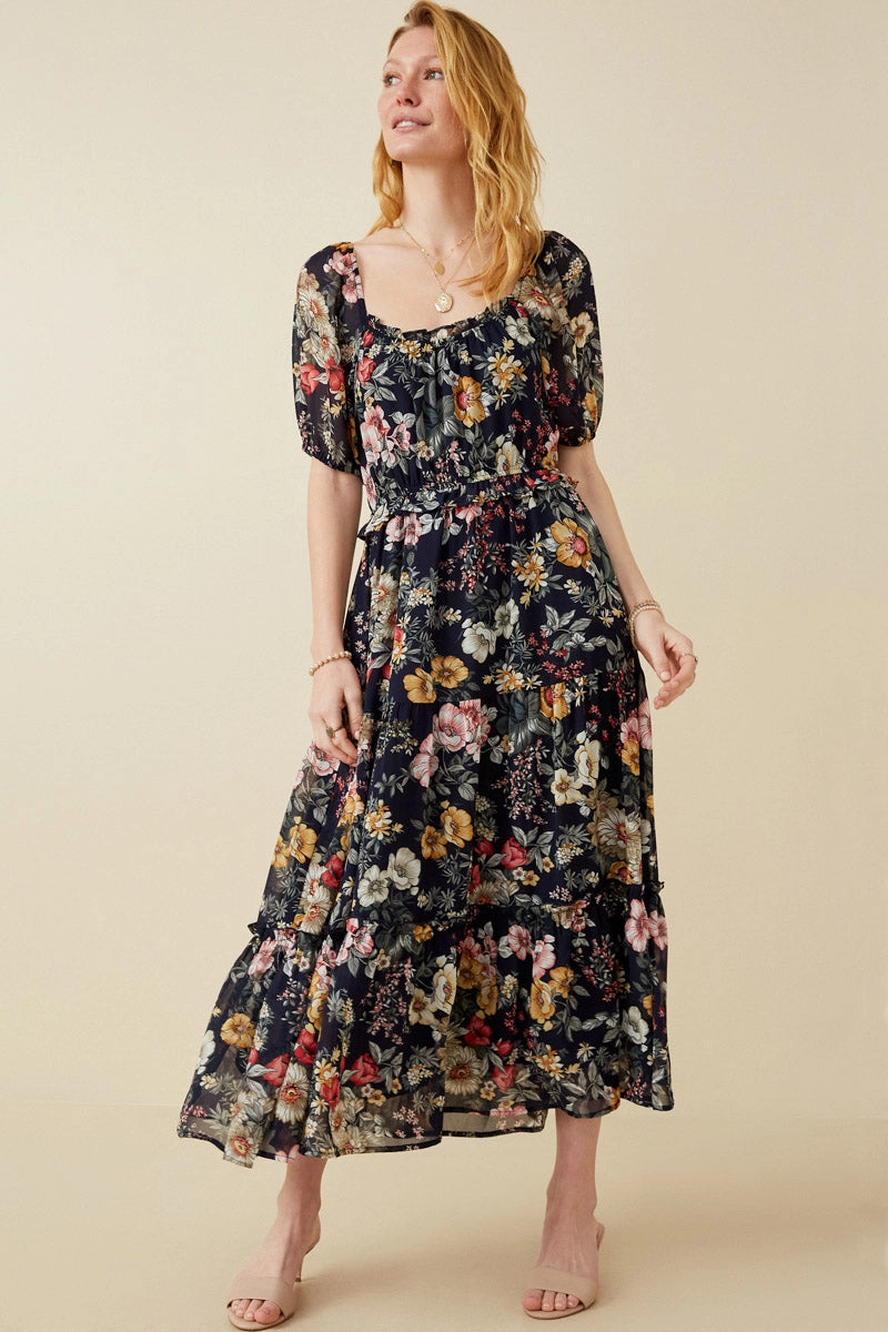 Floral Smocked Puff Sleeve Dress Music-Concert