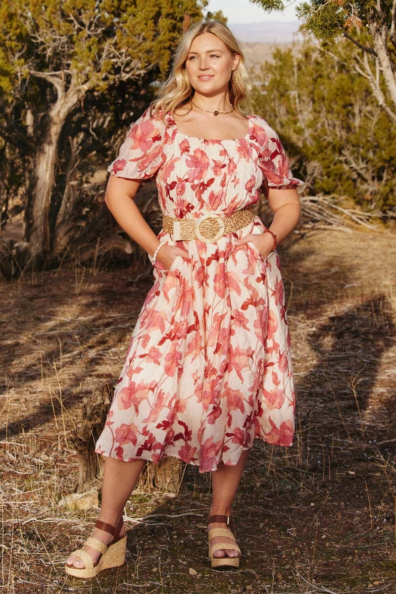 Long Sleeve Quiet Glow Floral Smocked Square Neck Dress