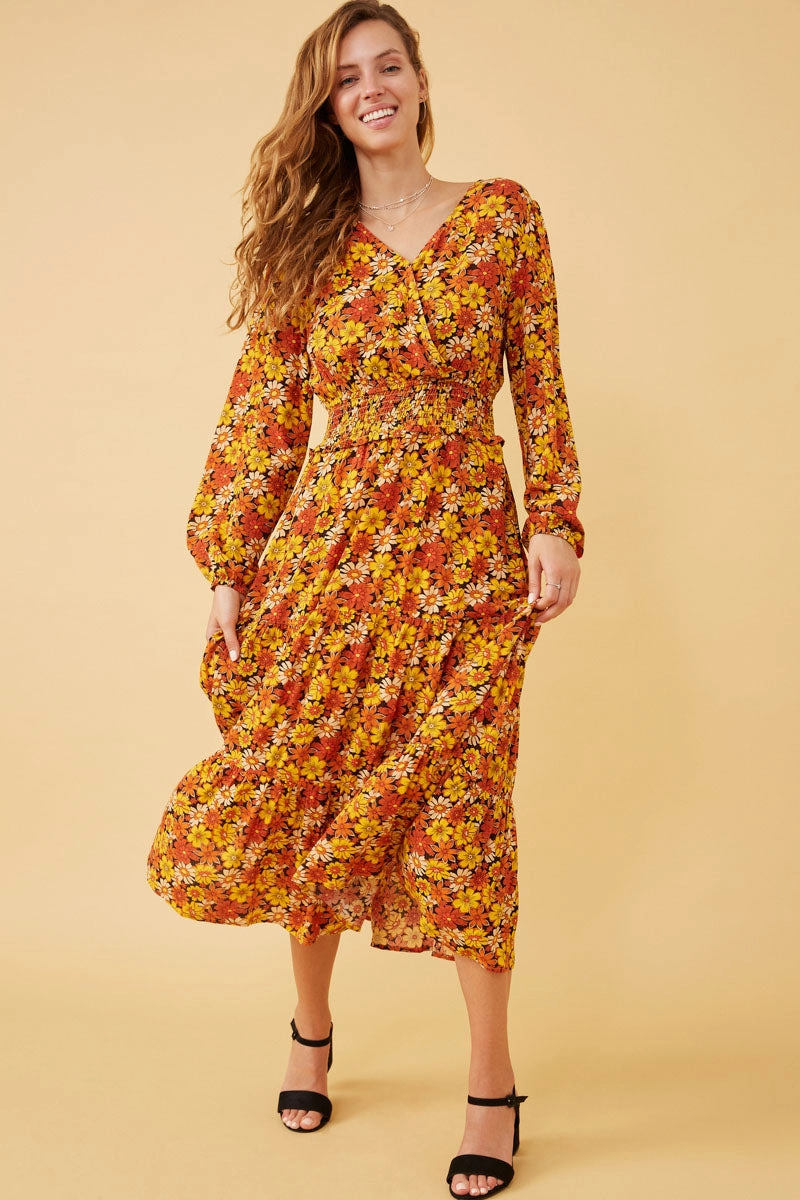 Timeless Style Floral Smocked Waist Long Sleeve Surplice Dress
