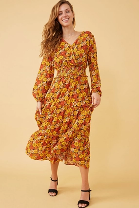 Floral Smocked Waist Long Sleeve Surplice Dress Glam Feel
