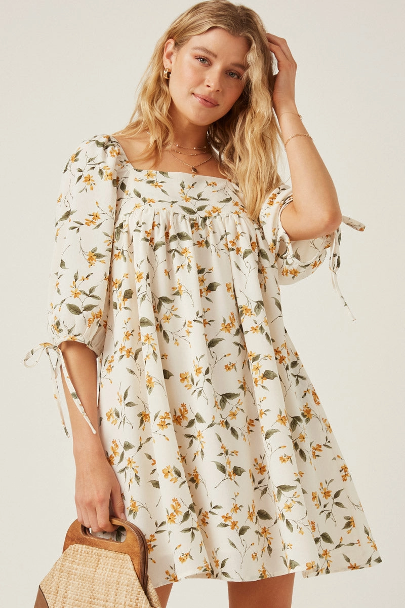 Floral Square Neck Tie Sleeve Dress Fresh Palette Joyful Look