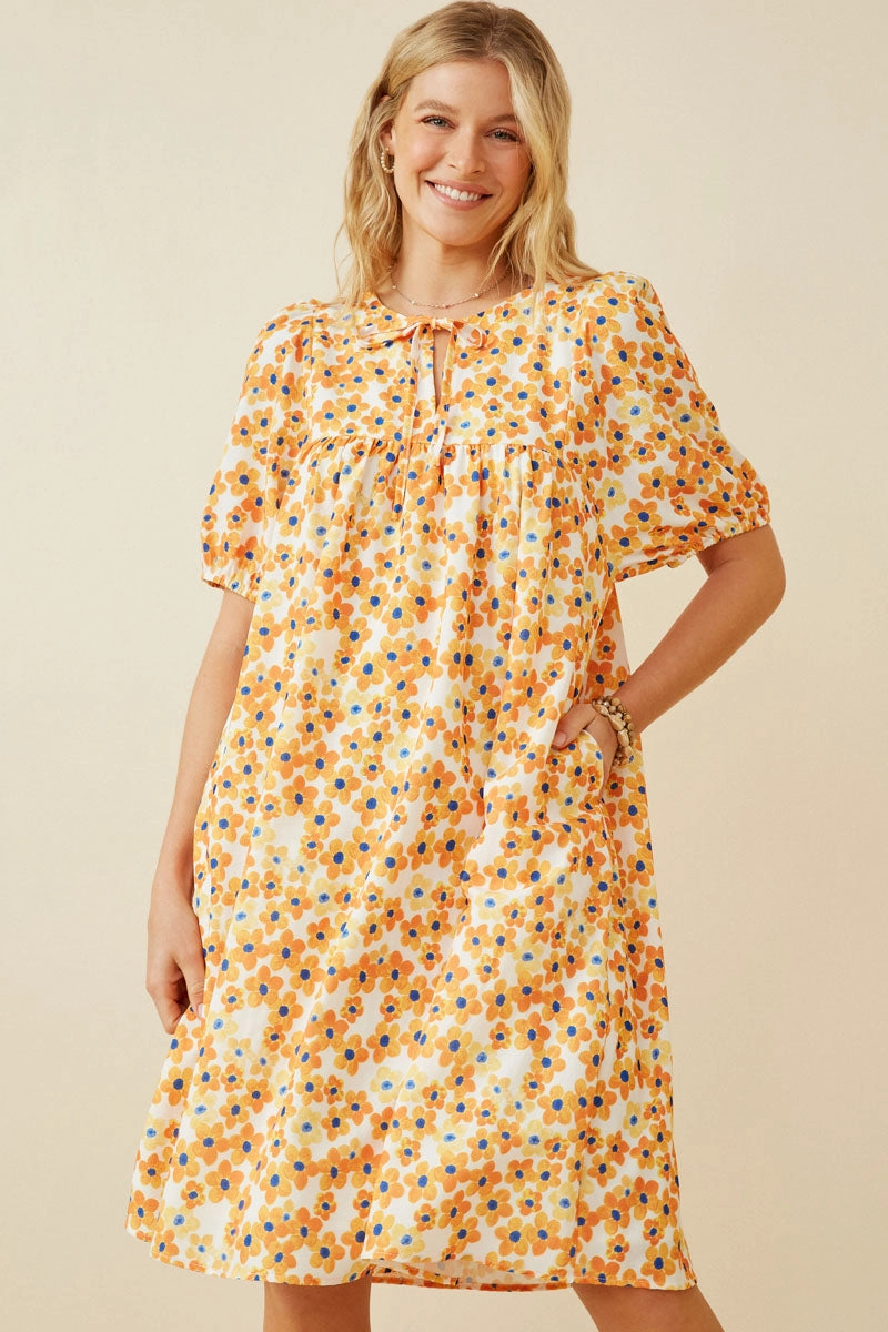 Floral Tie Detail Short Sleeve Dress Winter Layering Soft Knit
