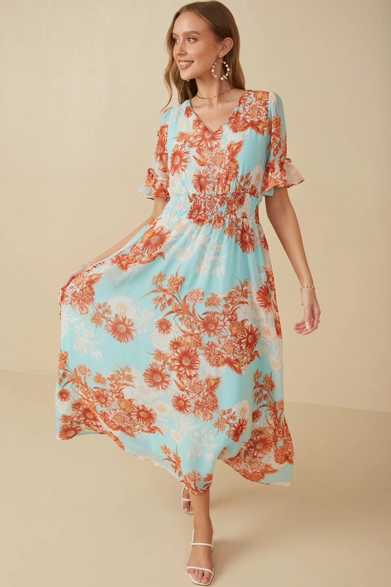 Nordic Plain Floral V Neck Smocked Waist Chiffon Dress
