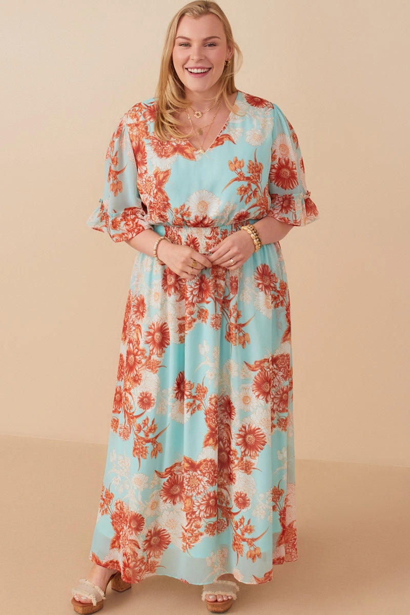 Floral V Neck Smocked Waist Chiffon Dress Timeless Line