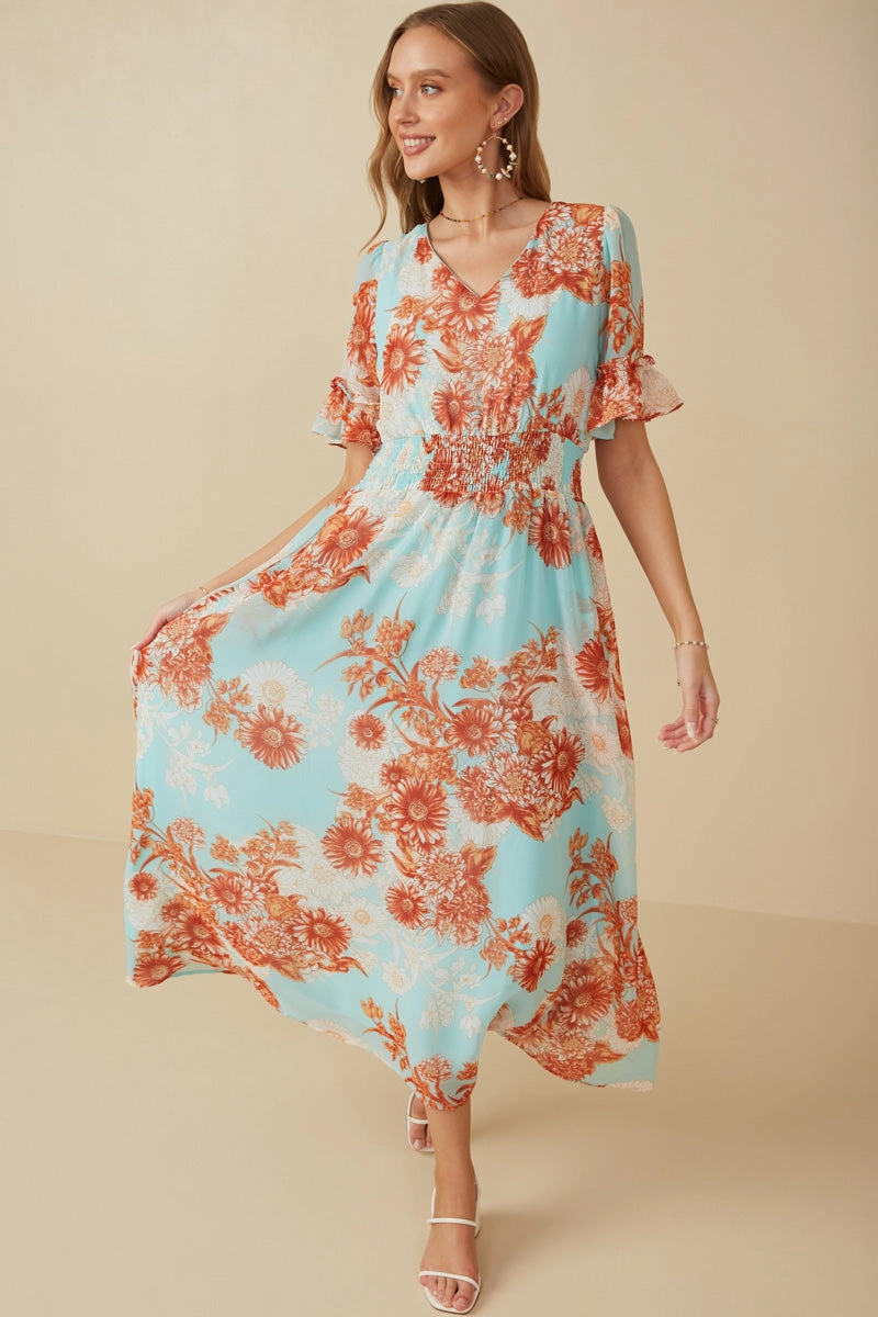 Floral V Neck Smocked Waist Chiffon Dress Calm Mood