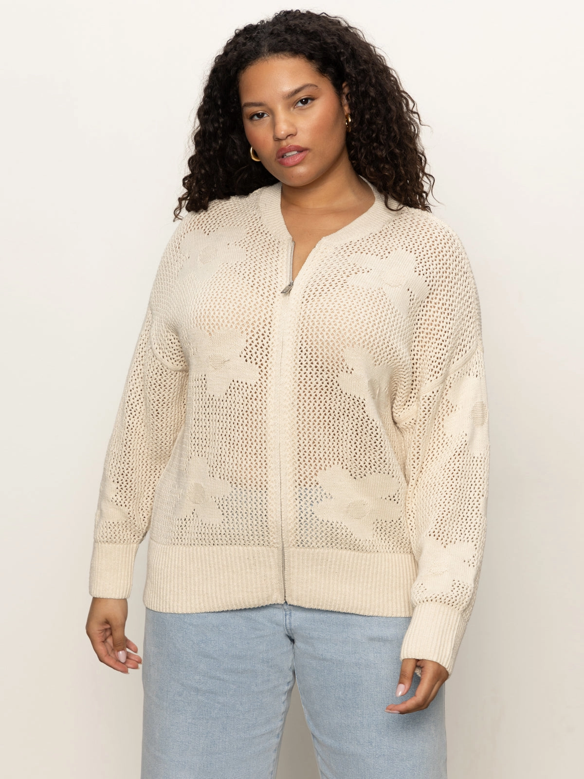 Flower Pop Open Stitch Jacket Eco Natural Extended Sizing Winter Fashion