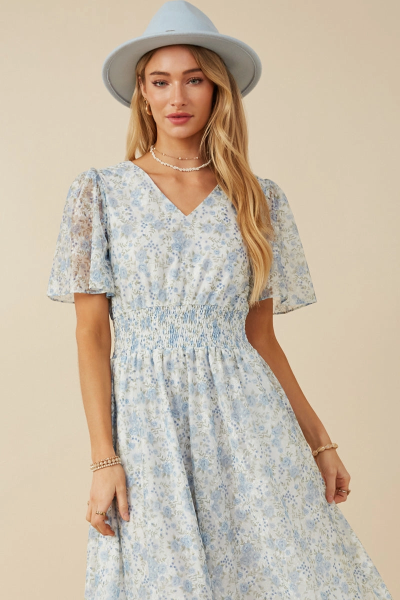 Foiled Mesh Antique Floral Smocked Dress Flowy Movement