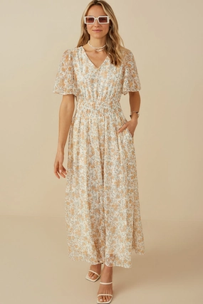 Flowy Movement Cozy Balance Foiled Mesh Antique Floral Smocked Dress