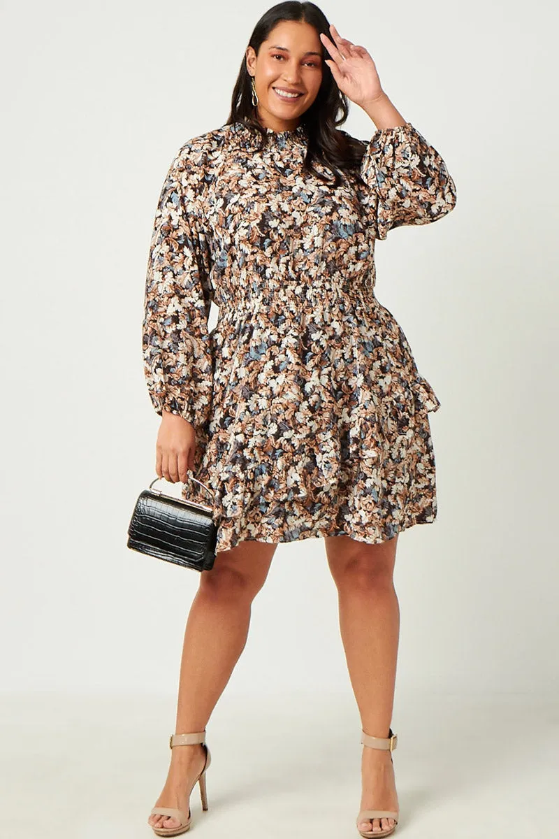 Foliage Print Long Sleeve Asymmetric Dress Retro Mood