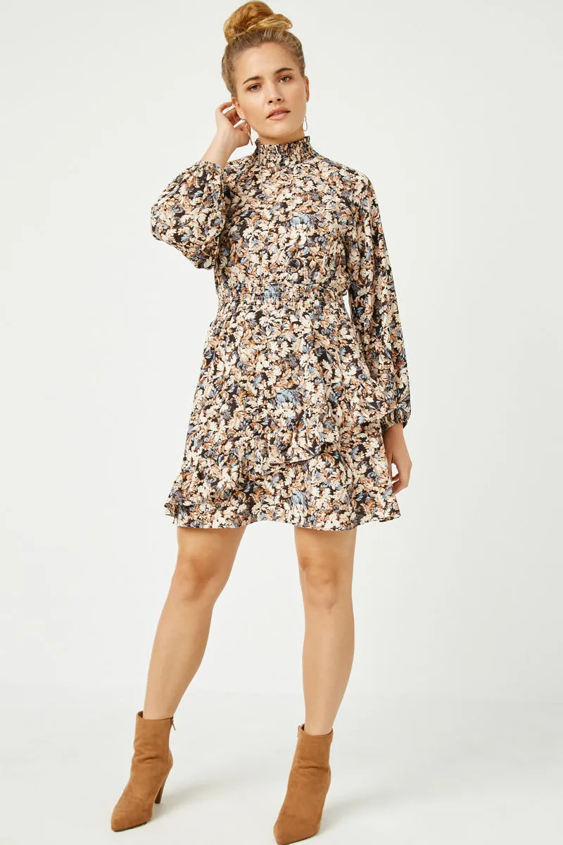 single wear Calm Silhouette Foliage Print Long Sleeve Asymmetric Dress