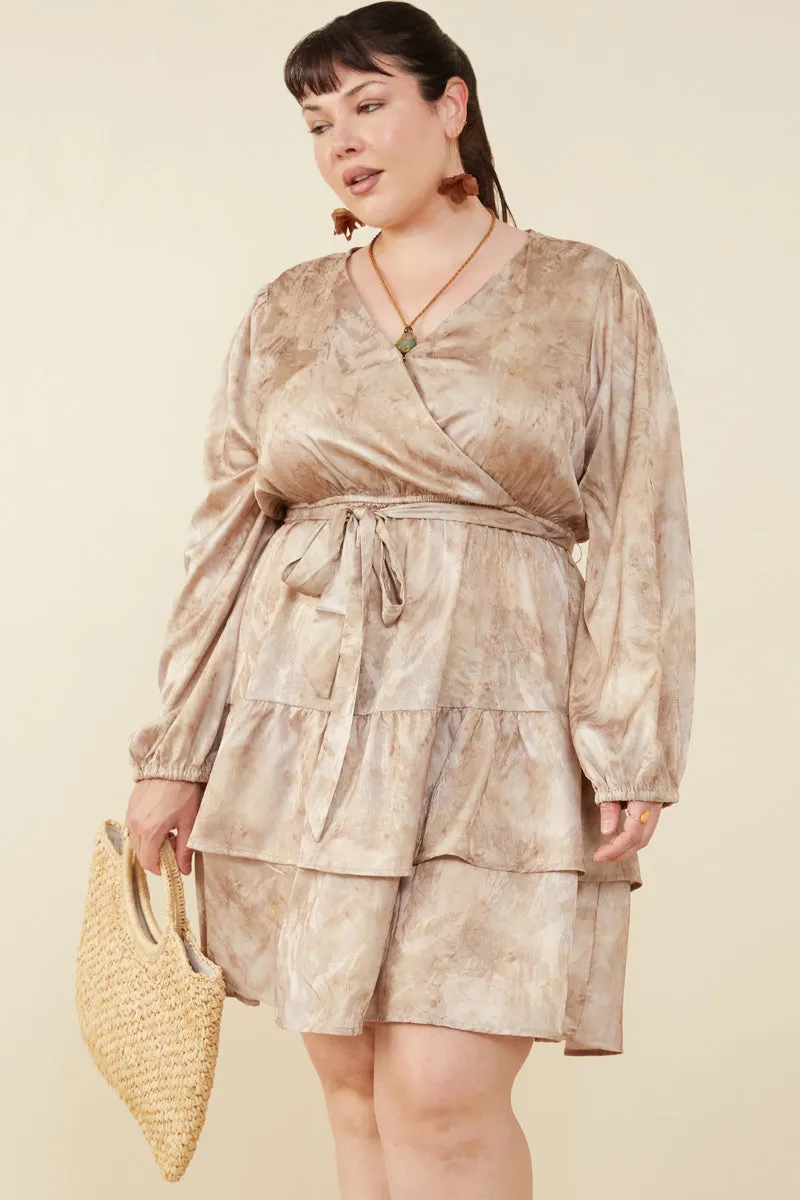 Abstract Print Belted Satin Wrap Dress Bodycon-Fit