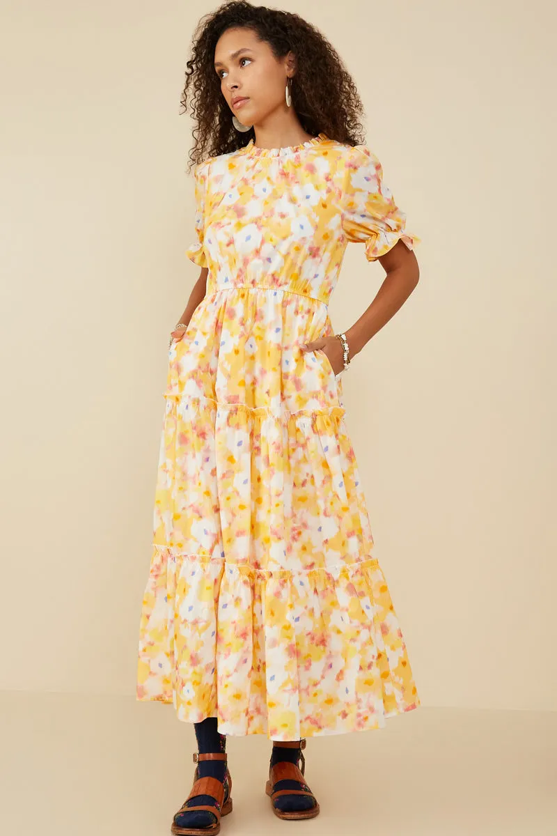 Bright Floral Ruffle Neck Tiered Dress Vibrant Look