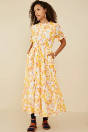 Chill Lines Bright Floral Ruffle Neck Tiered Dress