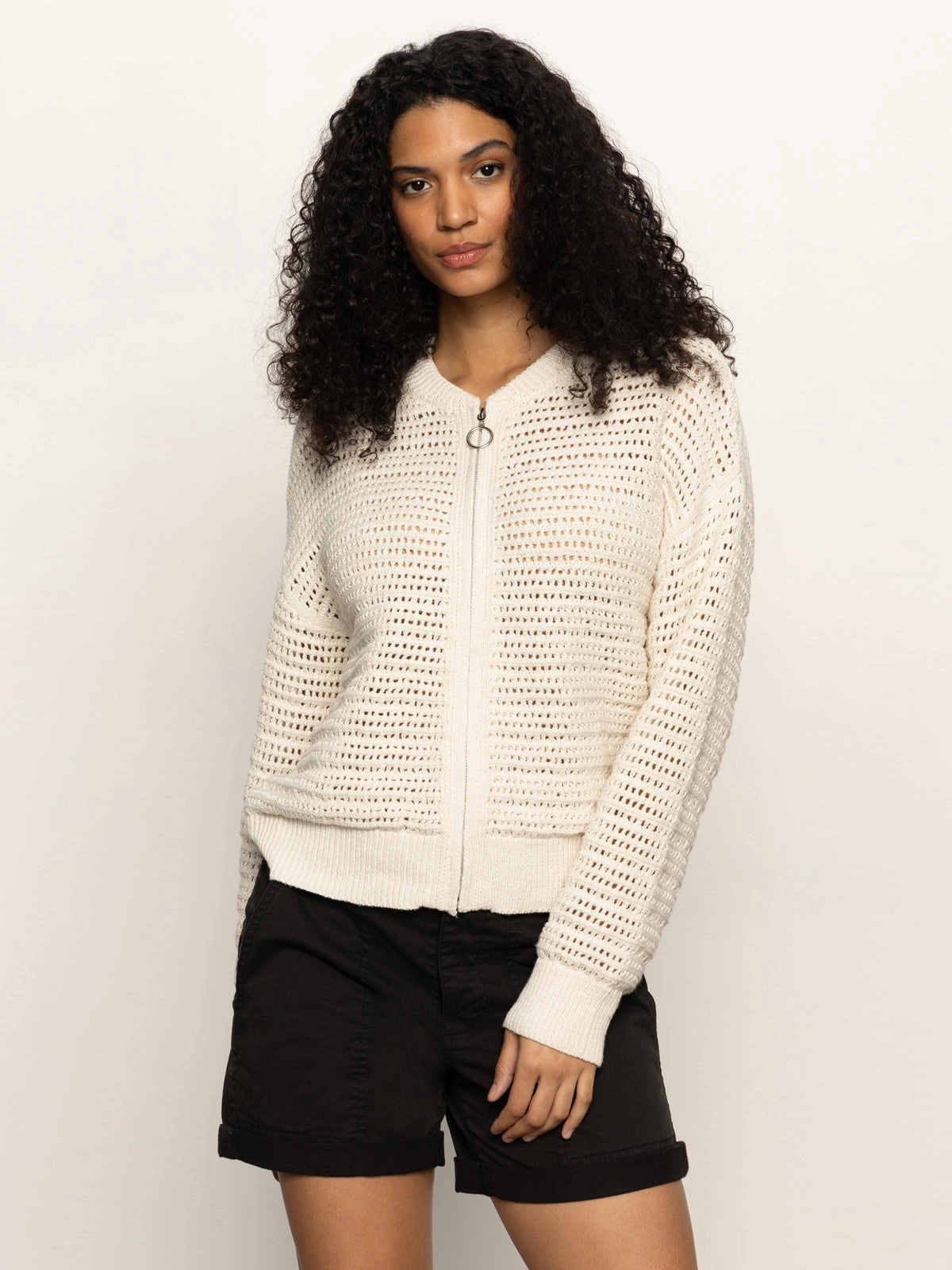 forest spot Open Knit Bomber Jacket Chalk