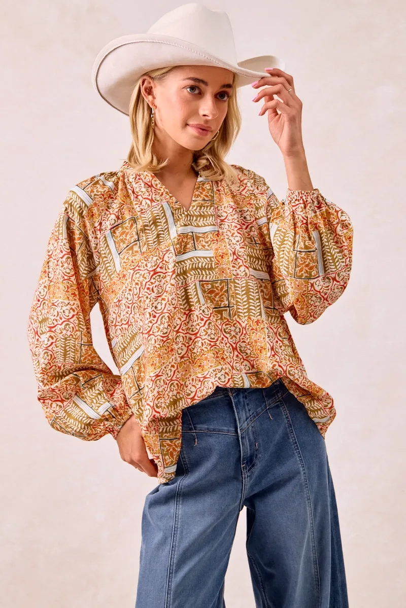 Bomber Cut IT4533S-02 | PRINTED WOVEN V NECK BLOUSE WITH BALLOON SLEEVES