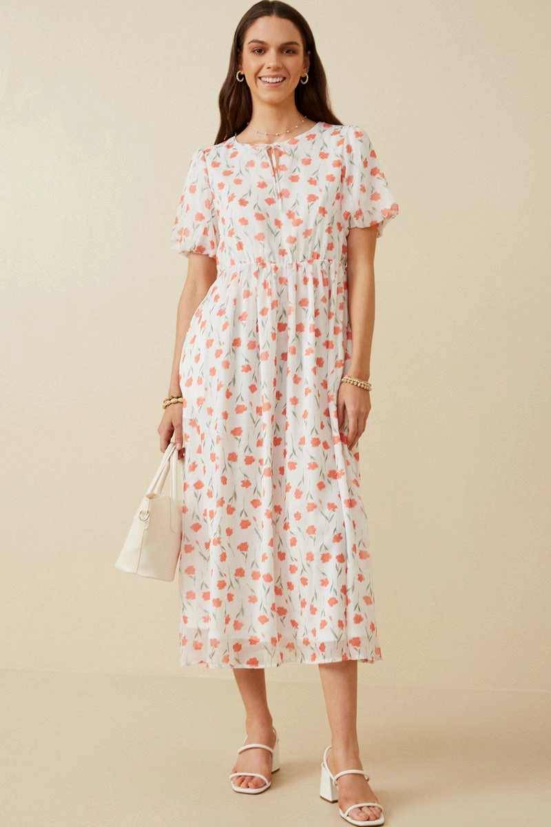 Chill Comfort Romantic Soft Tie Neck Floral Puff Sleeve Dress