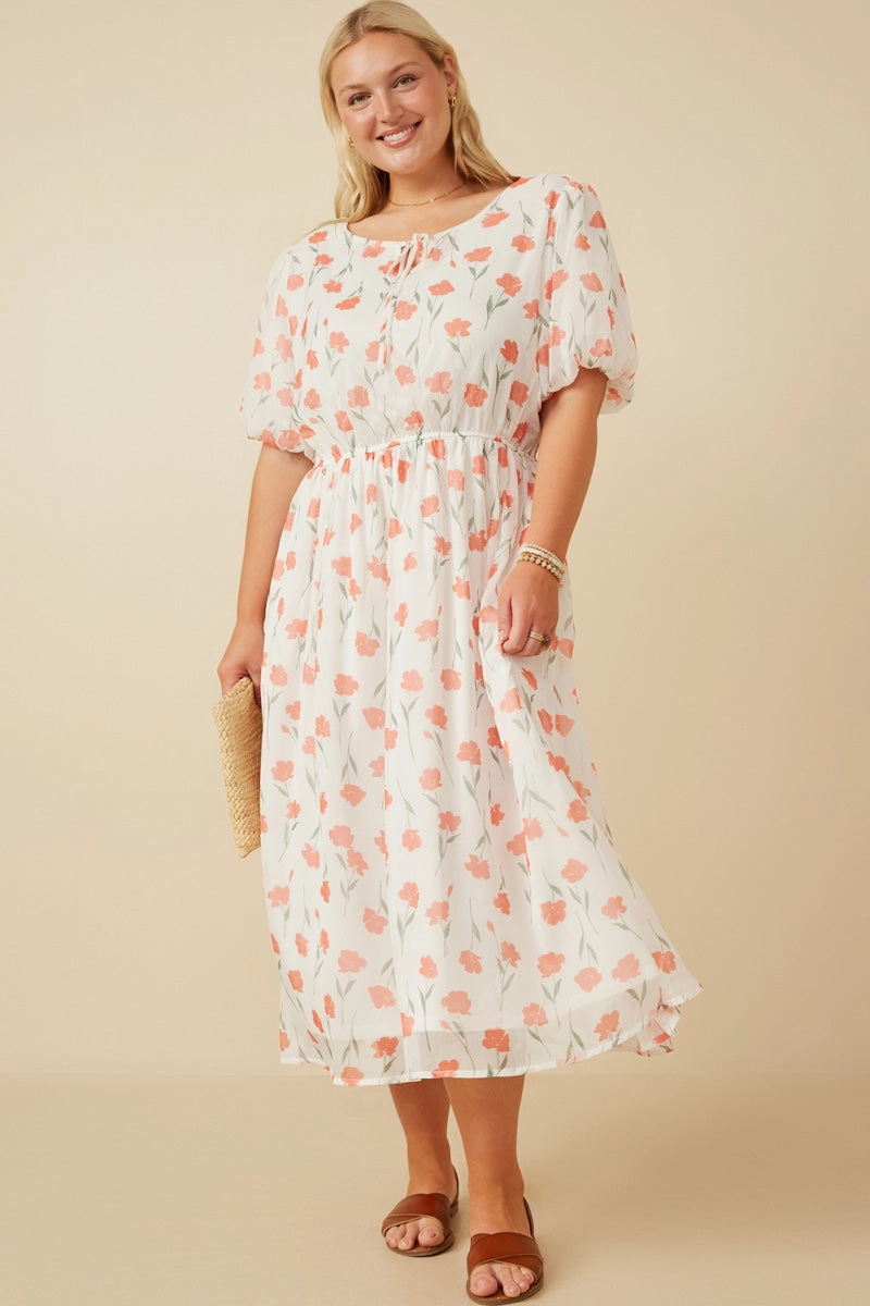 Warm Soft Tie Neck Floral Puff Sleeve Dress