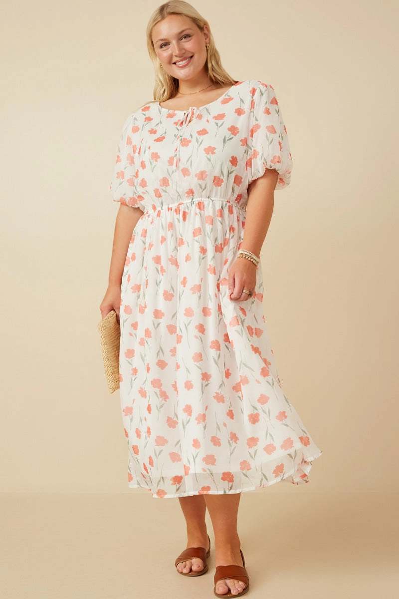 Linen Love Blush Glow Tie Neck Floral Puff Sleeve Dress