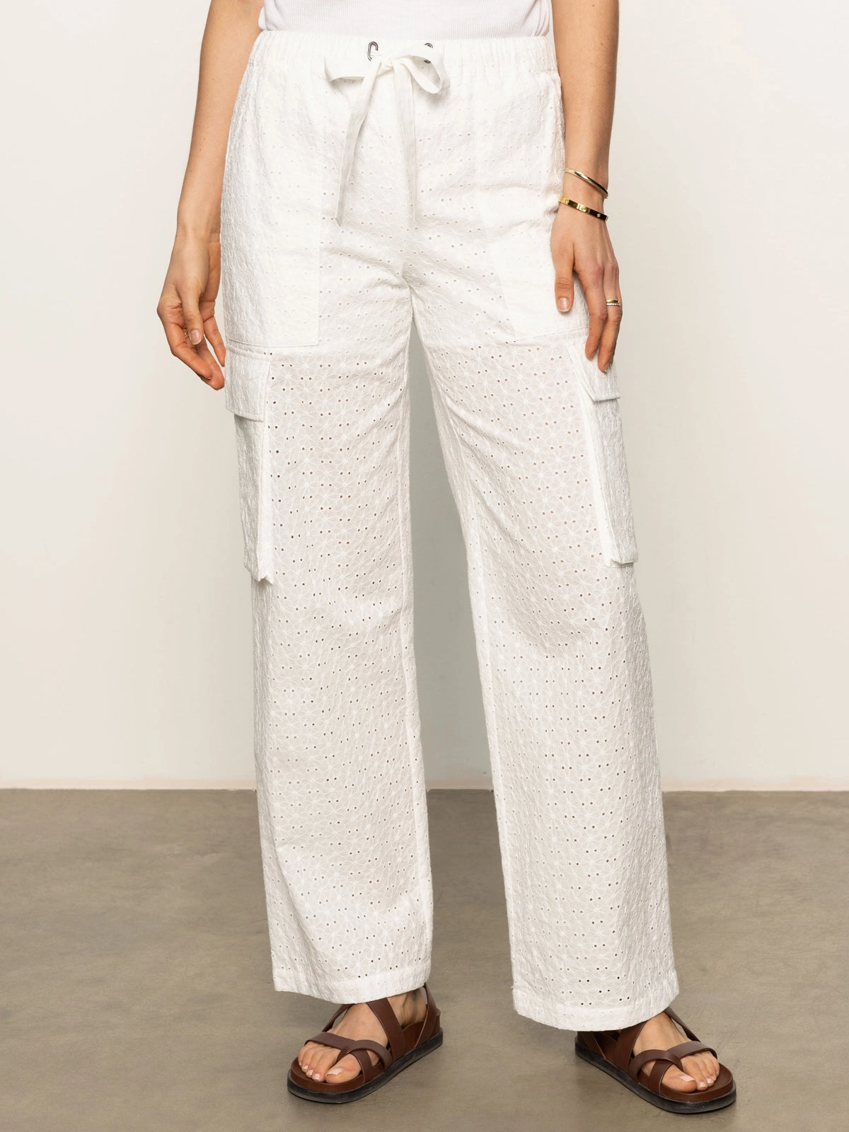 Free Time Eyelet Semi High Rise Pant Bleached White Printed design