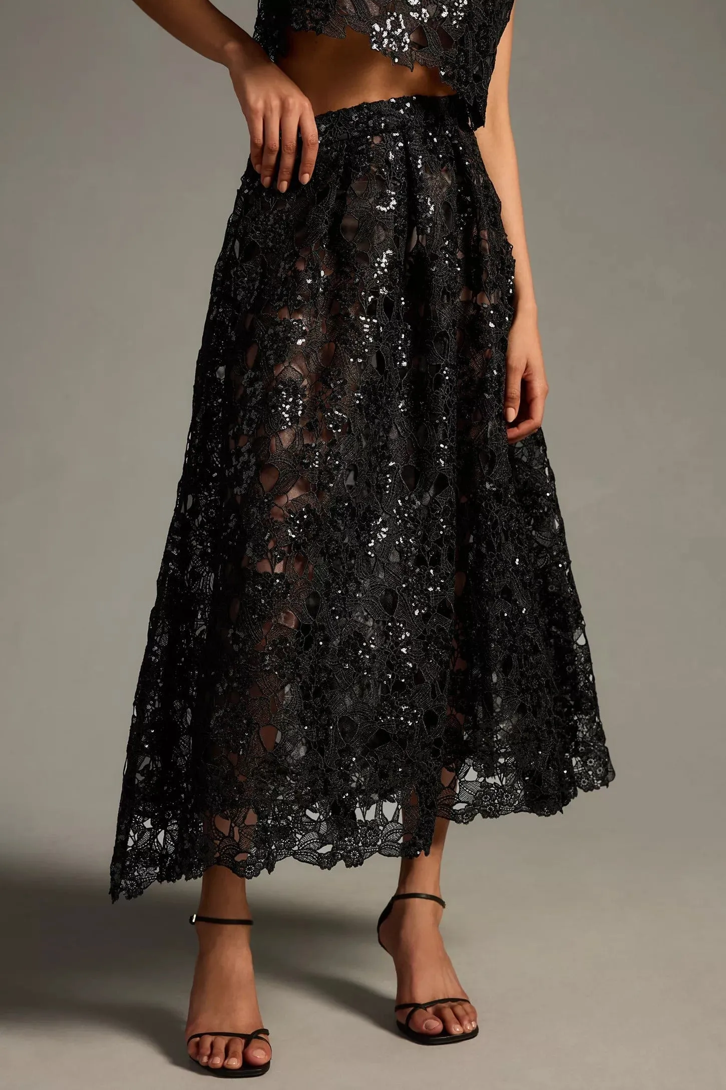 Fresh Pulse Embroidered Lace Shine Maxi Skirt