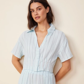 Pinstripe Gauze Cropped Short Sleeve Casual Comfort Easy-to-Style Top