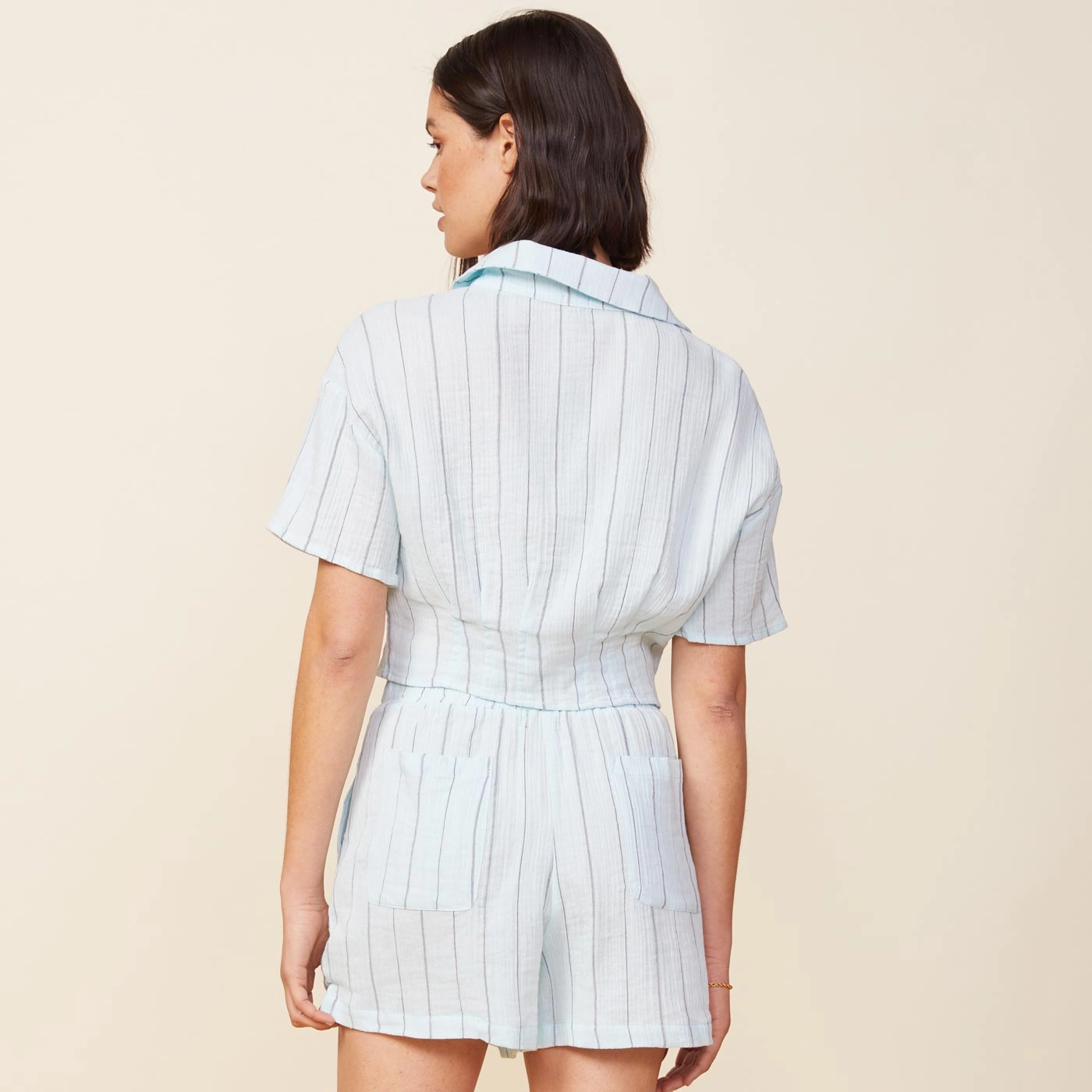 Fresh Cut Pinstripe Gauze Cropped Short Sleeve