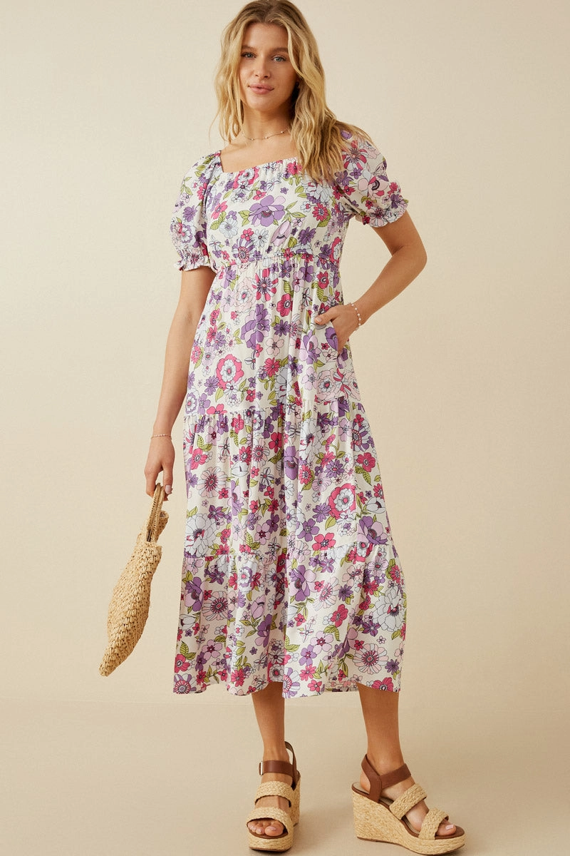 Everyday-Use Cool Look Retro Floral Smocked Square Neck Dress