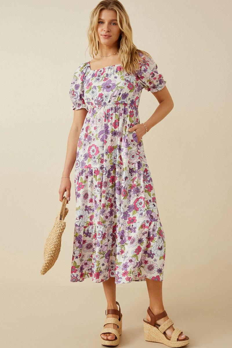 Wave Soft Guest Glam Retro Floral Smocked Square Neck Dress