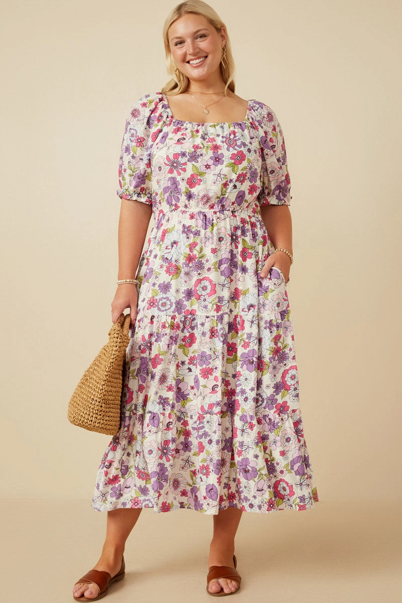 Bride Side Daily Casual Retro Floral Smocked Square Neck Dress