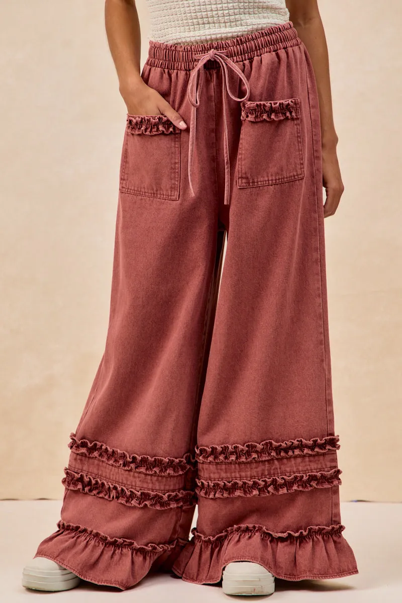 Draft Block Double Buttons IB1853H-01 | WASHED DENIM WIDE PANTS WITH RUFFLED DETAILS