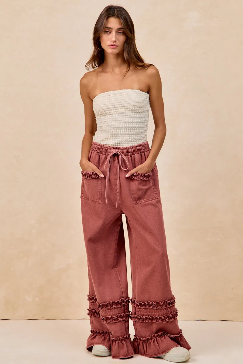 Cozy Texture Warm Layers IB1853H-01 | WASHED DENIM WIDE PANTS WITH RUFFLED DETAILS