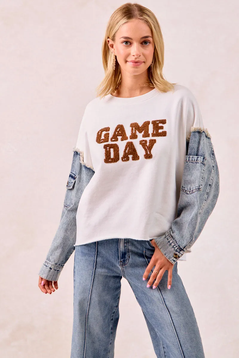 IT2150S-11 | GAMEDAY THEME DENIM SLEEVES TOP Cold Day Look Urban Comfort