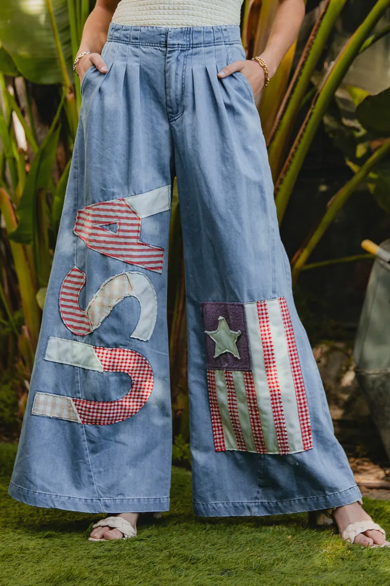 IB1476G-07 | VINTAGE WASHED AMERICAN FLAG THEME USA PATCHES WIDE CHAMBRAY PANTS Smart Fit