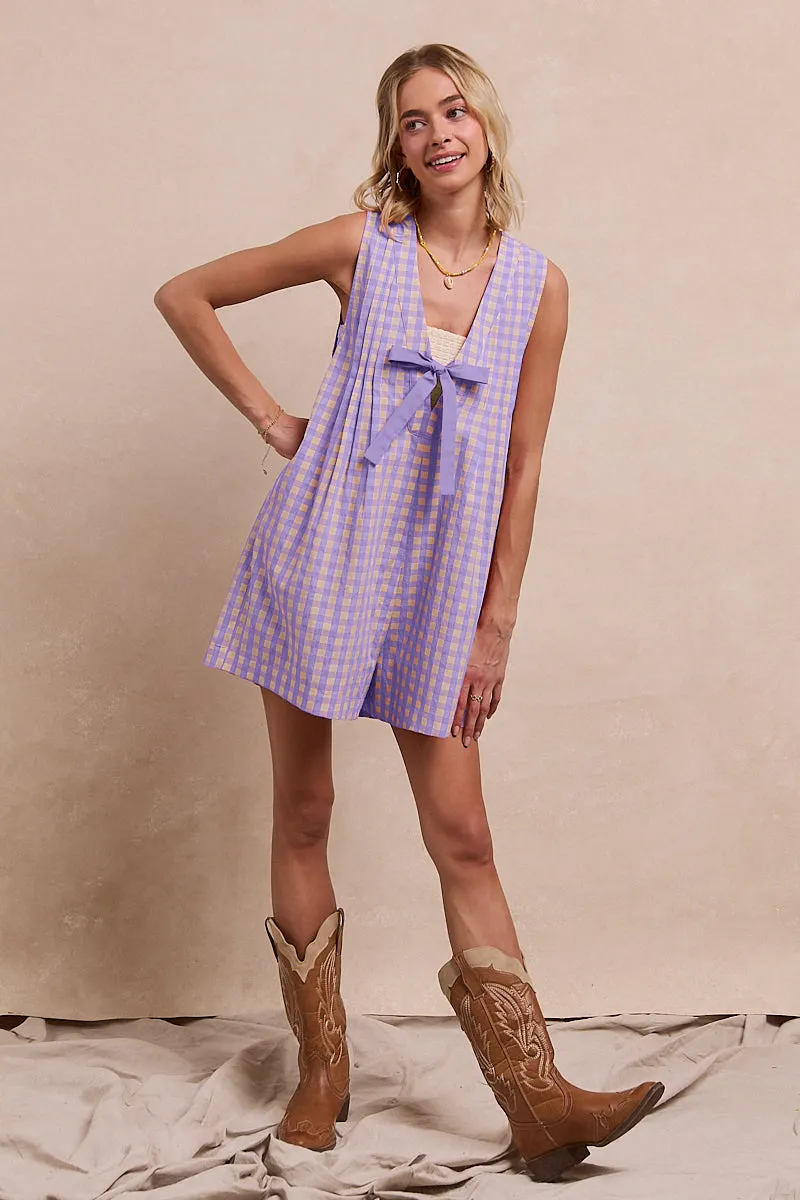 IB1575R-08 | GINGHAM WOVEN ROMPER WITH CONTRAST TIE AND BACK ZIPPER Pull-on style Relaxed Style