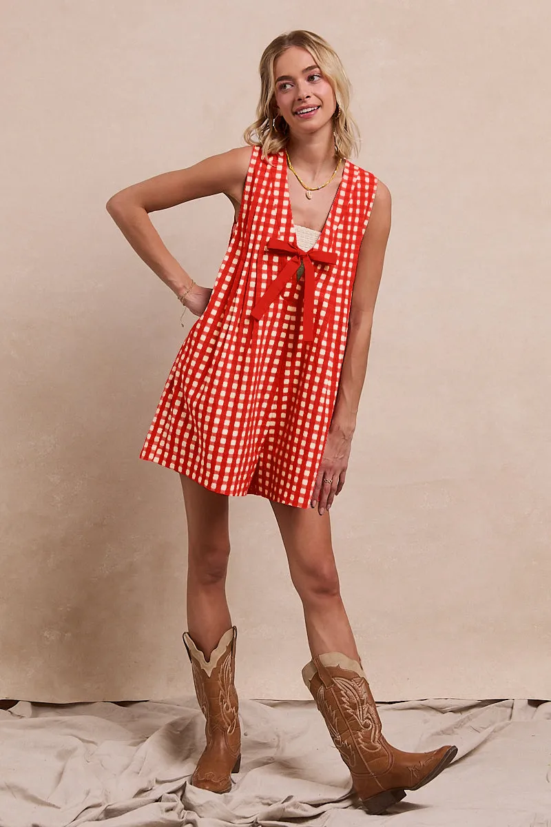 IB1575R-08 | GINGHAM WOVEN ROMPER WITH CONTRAST TIE AND BACK ZIPPER Comfort Fit Outdoor Friendly