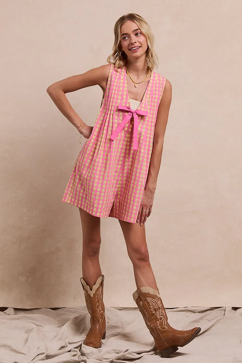 Slim Design IB1575R-08 | GINGHAM WOVEN ROMPER WITH CONTRAST TIE AND BACK ZIPPER