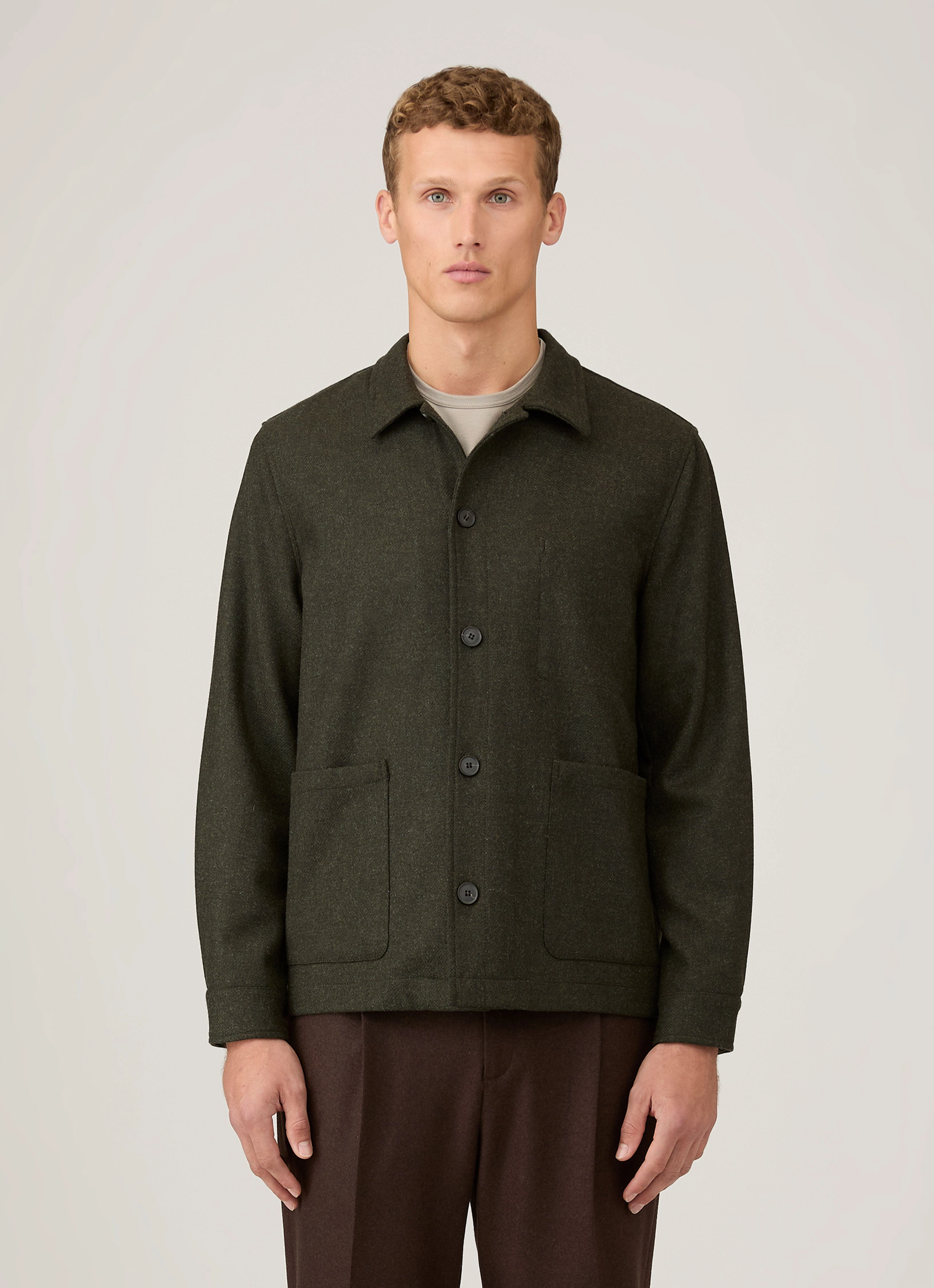 Functional Draping Men's Wool Twin Pocket Jacket in Drill Green