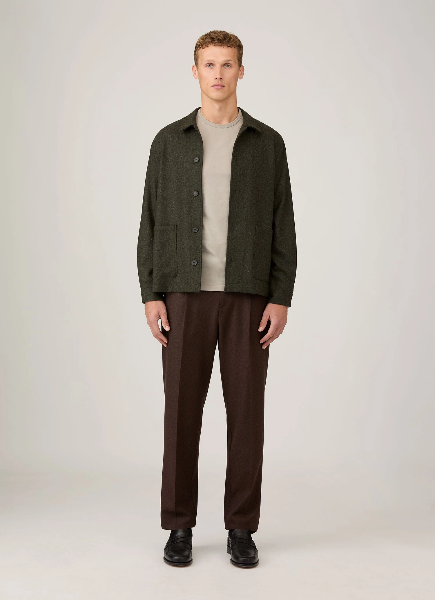 Functional Draping Men's Wool Twin Pocket Jacket in Drill Green