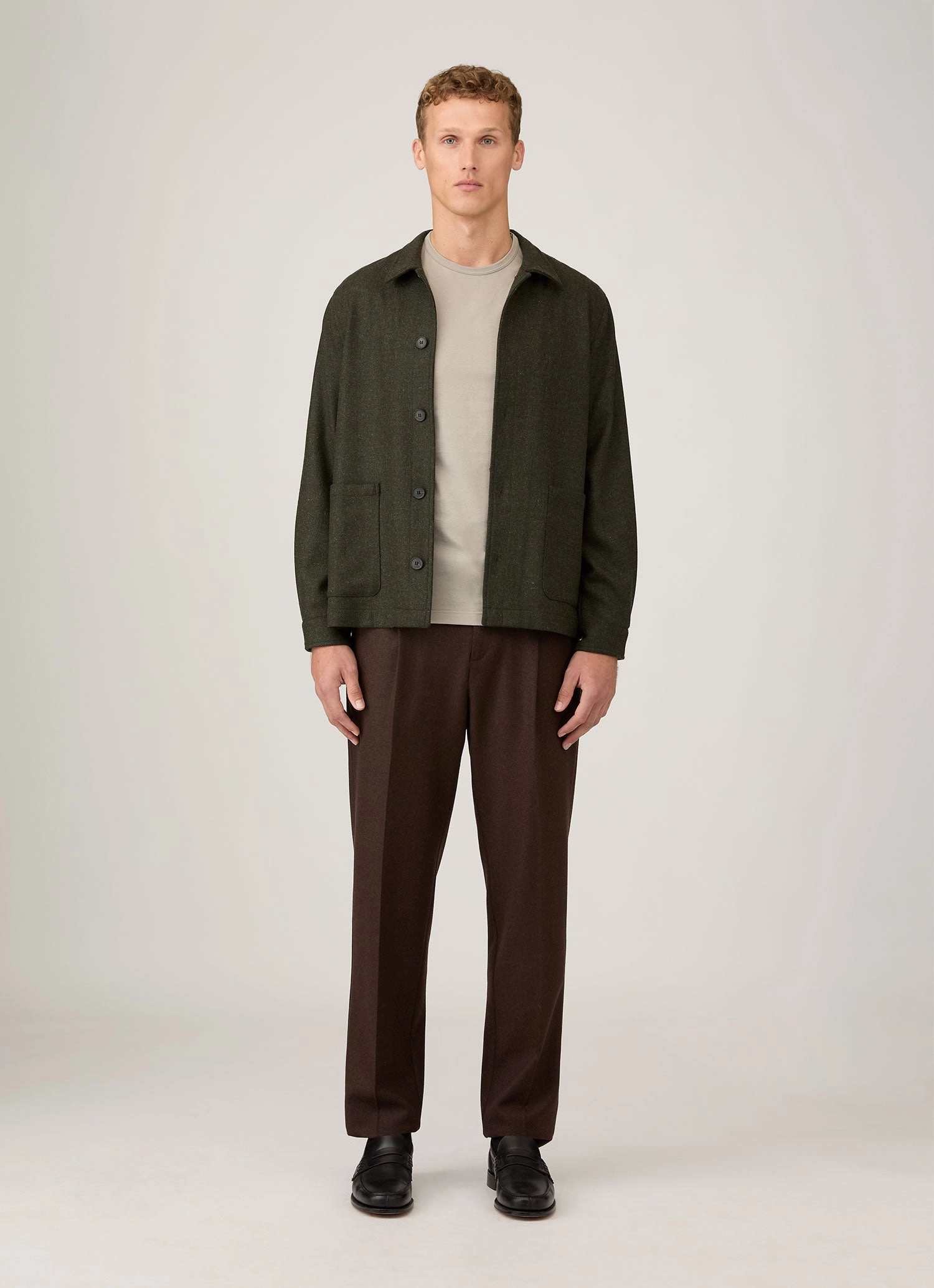 Functional Draping Men's Wool Twin Pocket Jacket in Drill Green