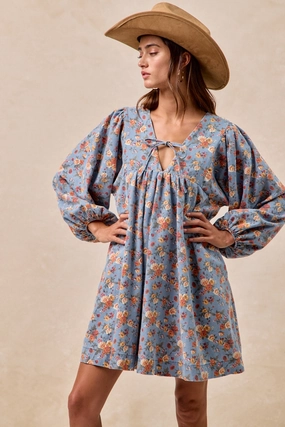 All Day Style ID2044S-01 | WASHED FLORAL DENIM FRONT TIED DRESS